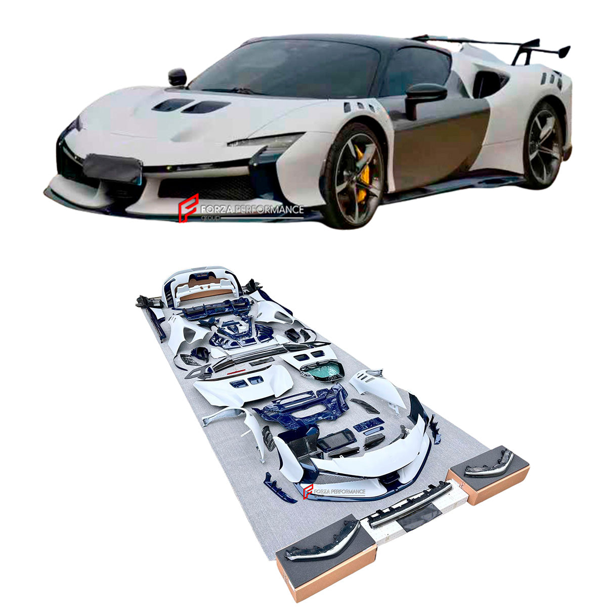 DRY CARBON BODY KIT for FERRARI SF90 2019+

Set includes:

Front Bumper Assembly
Front Bumper Canards
Front Splitter Endplates
Hood Bonnet
Front Trunk Trim
Front Fenders
Side Skirts
Quarter Panels
Side Air Vents
Engine Bay Cover Lid
Rear Wing Spoiler
Rear Bumper Assembly
Rear Diffuser

Material: Dry Carbon

Note: Professional installation is required.