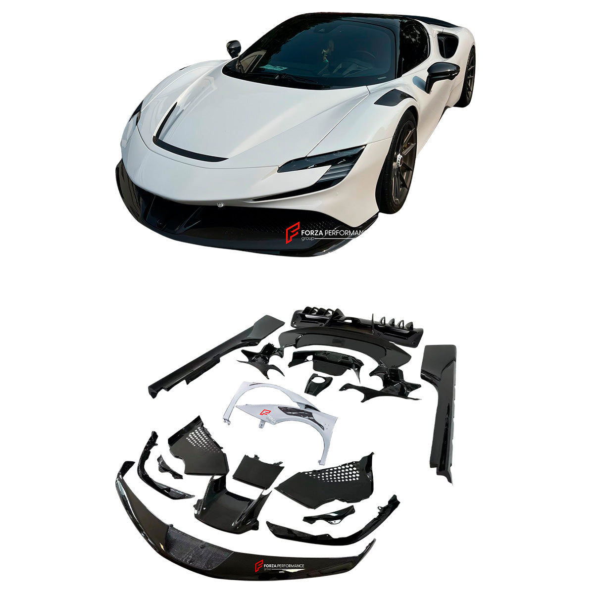 DRY CARBON BODY KIT FOR FERRARI SF90 SPIDER

Set includes: 

Lower Front Lip
Front Lip
Front Bumper Attachment
Trunk Cover
Front Lid Insert
Front Lid Cover
Front Fenders
Side Mirror Covers
Side Skirt
Side Air Inlet
Rear Lid Cover
Engine Bay
Rear Spoiler
Rear Diffuser

Material: Dry Carbon