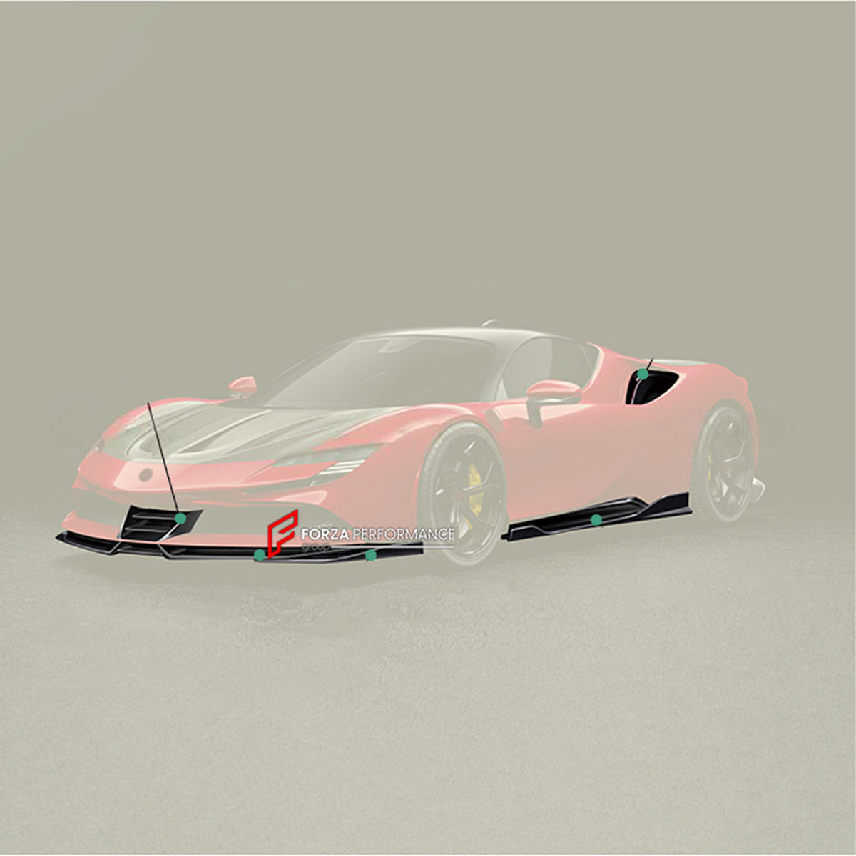 DRY CARBON BODY KIT for FERRARI SF90 STRADALE SPIDER 2019+ FORZA PERFORMANCE custom fit OEM Style

Set includes:
Front Lip
Front Lip Splitter
Side Skirts
Rear Fender Air Intake Covers
Ducktail Spoiler
Rear Diffuser

Material: Dry Carbon

NOTE: Professional installation is required.