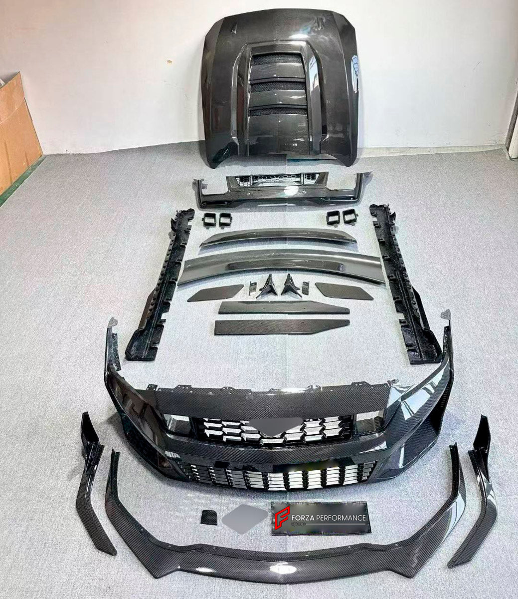 DRY CARBON BODY KIT for Ford Mustang VII S650 Dark Horse 2024+
Set includes:

Front Lip
Front Bumper
Hood Bonnet
Side Skirts
Rear Spoiler Wing
Ducktail Spoiler
Rear Diffuser
Material: Dry Carbon

NOTE: Professional installation is required.