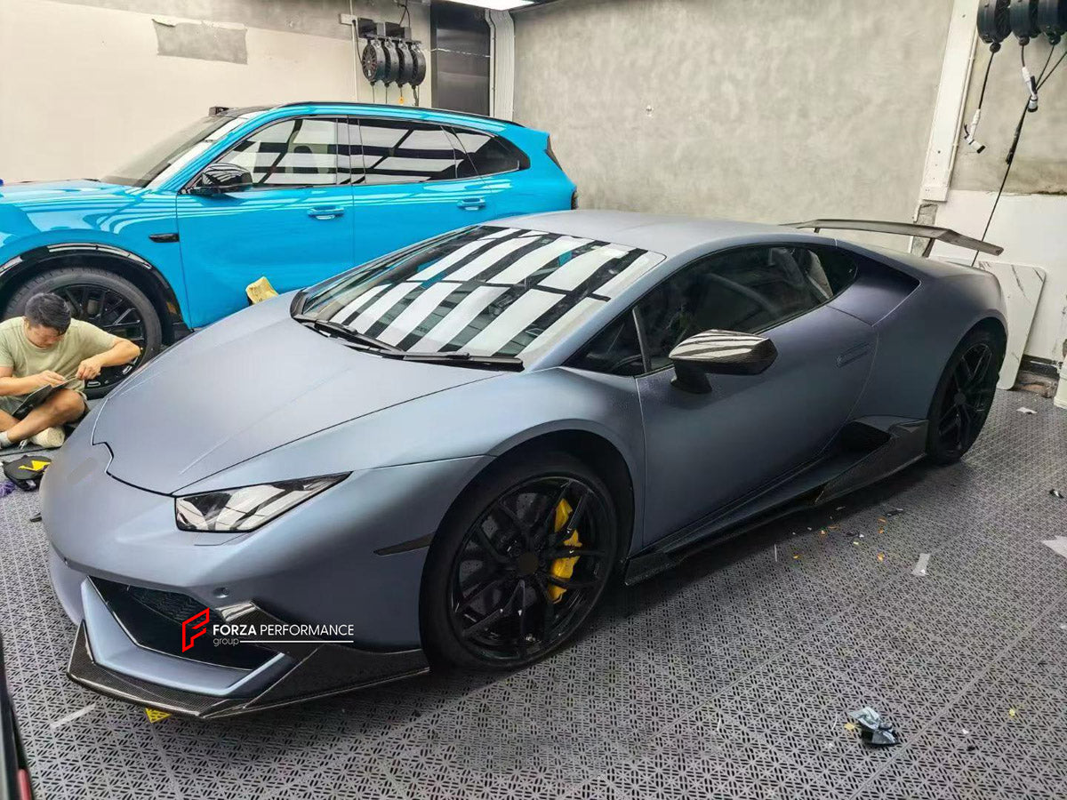 DRY CARBON BODY KIT for LAMBORGHINI HURACAN LP610-4 2014 - 2019 FORZA PERFORMANCE custom fit MAD Style

Set includes:
Front Lip Splitter
Front Bumper Canards
Side Mirror Covers
Side Skirts

Material: Dry Carbon

NOTE: Professional installation is required.