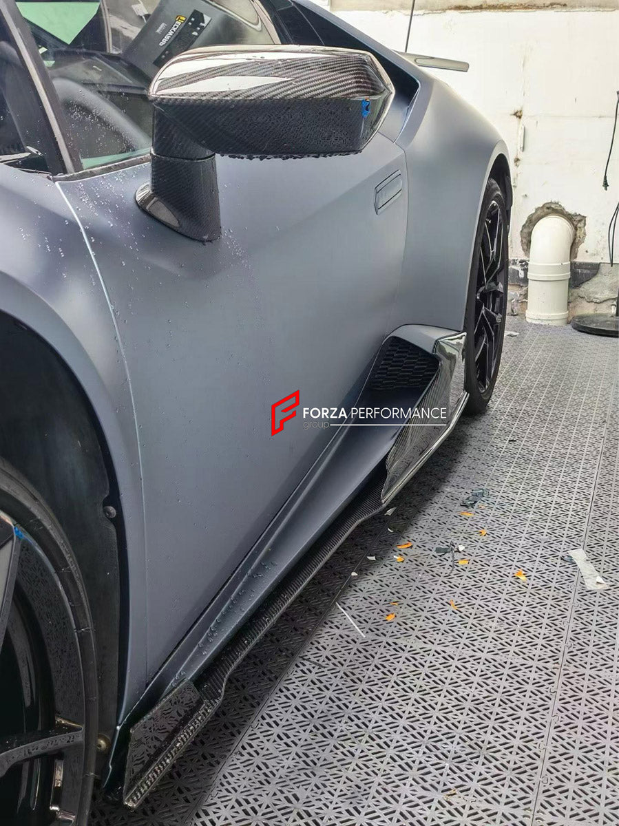 DRY CARBON BODY KIT for LAMBORGHINI HURACAN LP610-4 2014 - 2019 FORZA PERFORMANCE custom fit MAD Style

Set includes:
Front Lip Splitter
Front Bumper Canards
Side Mirror Covers
Side Skirts

Material: Dry Carbon

NOTE: Professional installation is required.