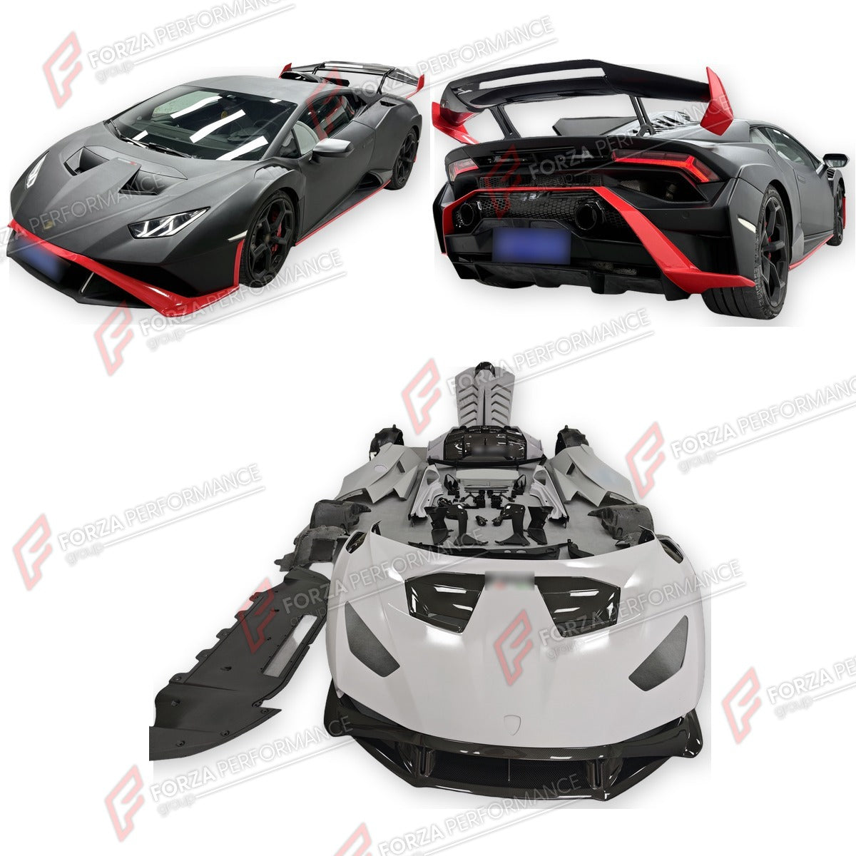 DRY CARBON BODY KIT for LAMBORGHINI HURACAN STO 2021 - 2024 FORZA PERFORMANCE custom fit STO Style

Set includes:
Front Bumper
Front Lip
Hood Bonnet
Front Fenders
Side Skirts
Rear Fenders with Air Intakes
Engine Cover
Rear Bumper
Rear Diffuser
Rear Wing Spoiler

Material: Dry Carbon

NOTE: Professional installation is required.