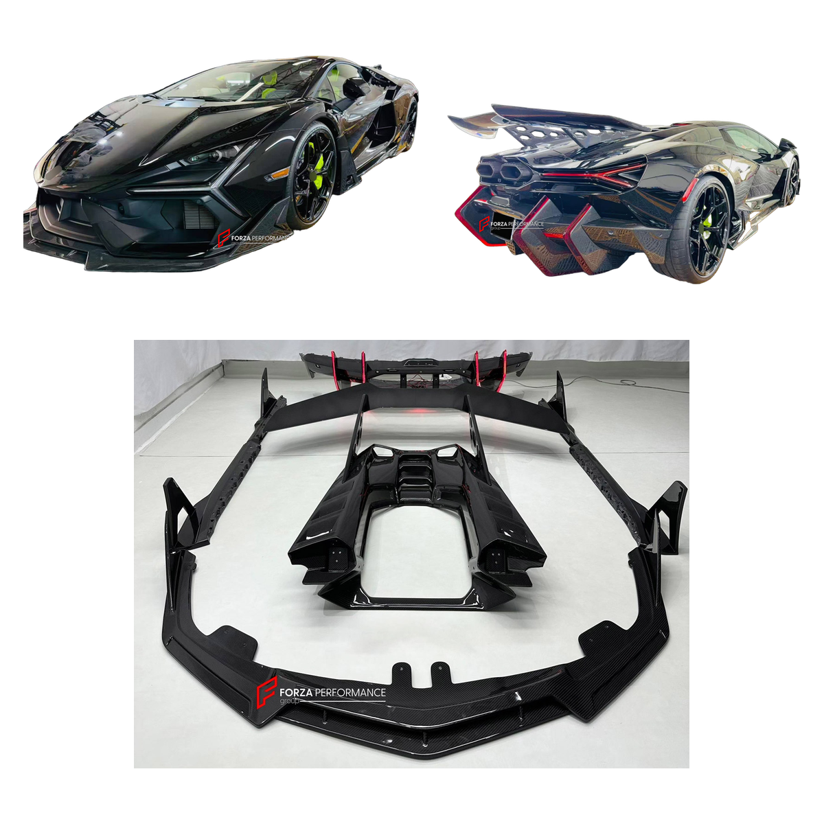 DRY CARBON BODY KIT for LAMBORGHINI REVUELTO 2023+ FORZA PERFORMANCE custom fit DK Style

Set includes:
Front Lip
Side Skirts
Rear Spoiler Wing
Engine Cover
Rear Diffuser

Material: Dry Carbon

NOTE: Professional installation is required.