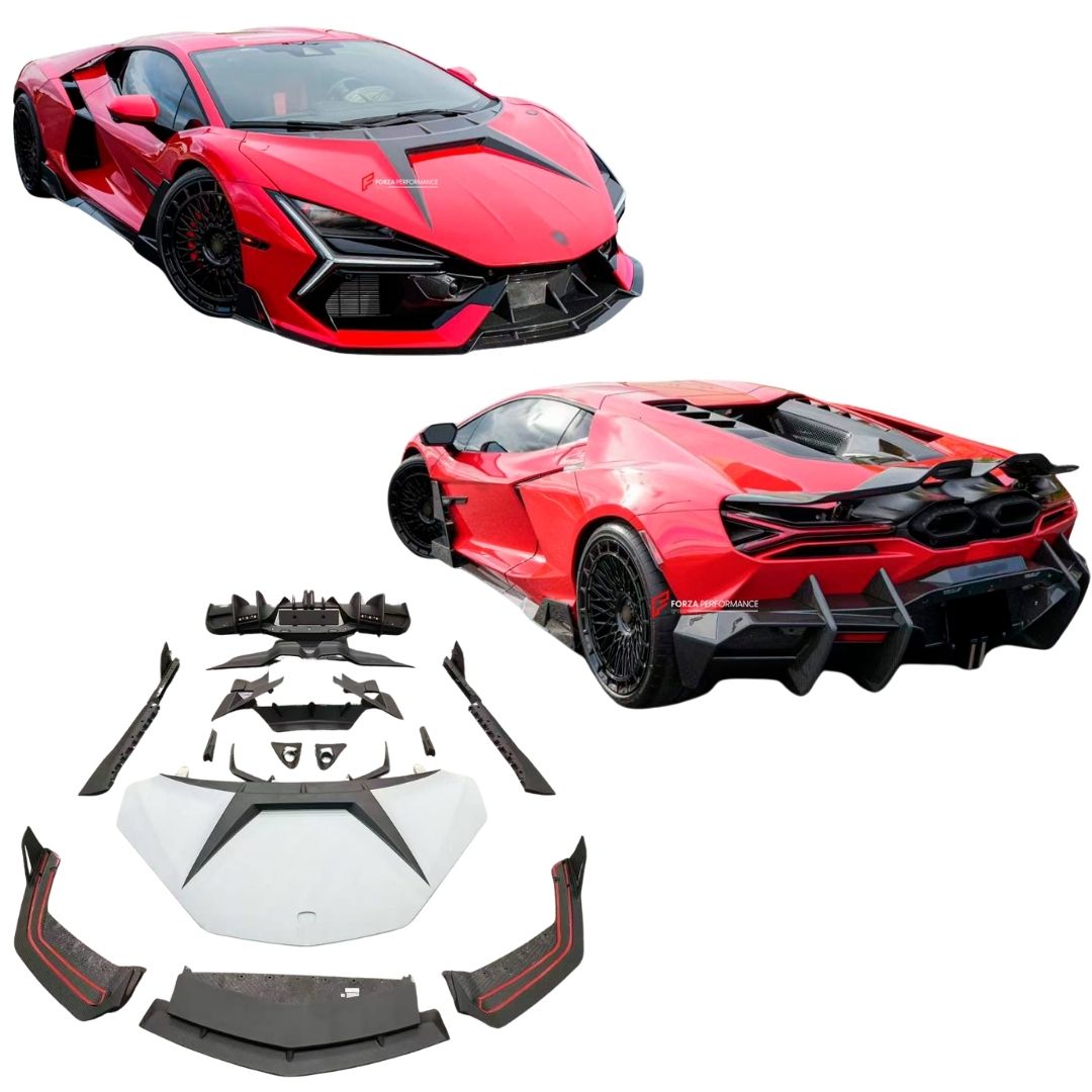 DRY CARBON BODY KIT for LAMBORGHINI REVUELTO 2023+
Set includes:

Front Lip
Middle Air Splitter for Front Bumper
Air Splitter for Front Bumper
Front Radar Cover
Headlight Covers
Hood / Bonnet
Side Skirts
Rear Spoiler
Rear Diffuser
Material: Dry Carbon

NOTE: Professional installation is required.