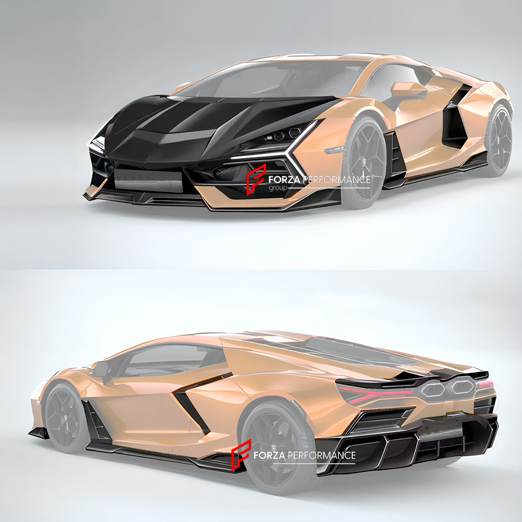DRY CARBON BODY KIT for LAMBORGHINI REVUELTO 2023+

Set includes:

Front Lip
Front Bumper Trims
Hood / Bonnet
Front Fender Trims
Side Air Intake Vent Covers
Side Skirts

Rear Spoiler
Rear Diffuser

Material: Dry Carbon
