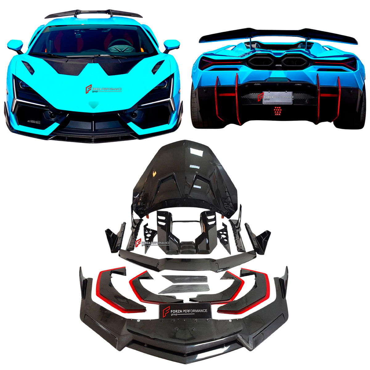 DRY CARBON BODY KIT for LAMBORGHINI REVUELTO 2023+ FORZA PERFORMANCE custom fit Duke Dynamics
Set includes:

Front Lip
Hood Bonnet
Side Skirts
Engine Cover
Rear Spoiler Wing
Rear Diffuser
Material: Dry Carbon

NOTE: Professional installation is required.