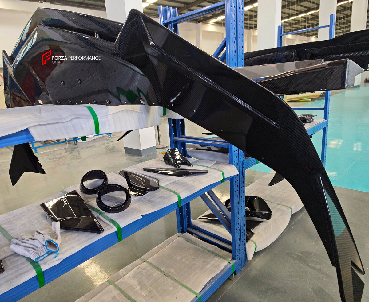 DRY CARBON BODY KIT for LAMBORGHINI REVUELTO 2023+ FORZA PERFORMANCE custom fit Duke Dynamics
Set includes:

Front Lip
Hood Bonnet
Side Skirts
Engine Cover
Rear Spoiler Wing
Rear Diffuser
Material: Dry Carbon

NOTE: Professional installation is required.