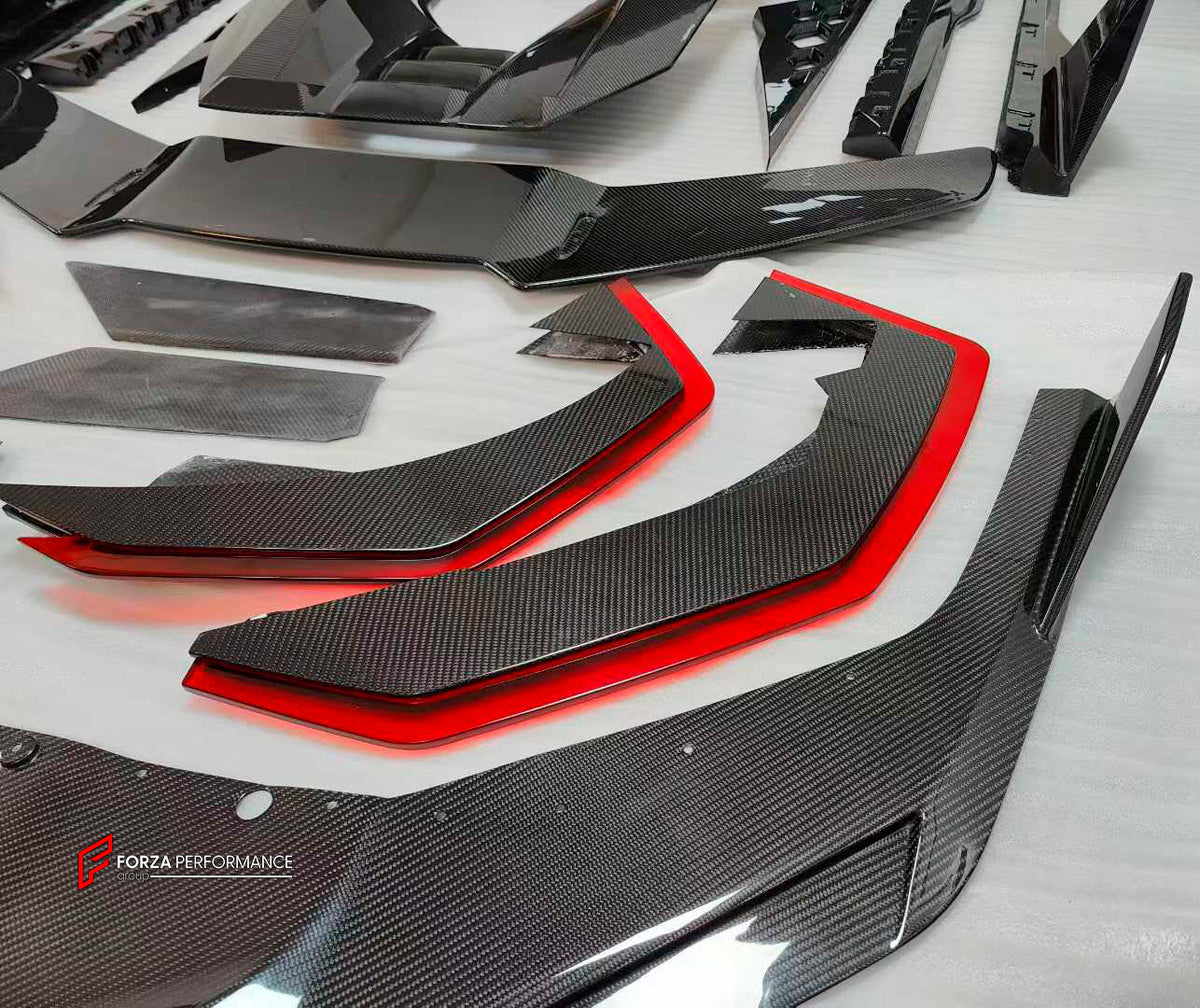DRY CARBON BODY KIT for LAMBORGHINI REVUELTO 2023+ FORZA PERFORMANCE custom fit Duke Dynamics
Set includes:

Front Lip
Hood Bonnet
Side Skirts
Engine Cover
Rear Spoiler Wing
Rear Diffuser
Material: Dry Carbon

NOTE: Professional installation is required.