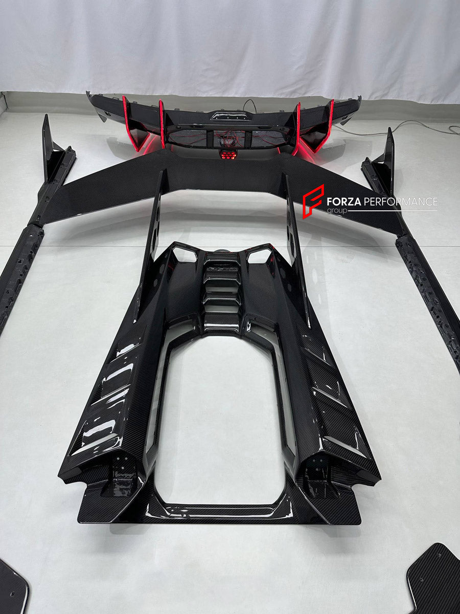 DRY CARBON BODY KIT for LAMBORGHINI REVUELTO 2023+ FORZA PERFORMANCE custom fit DK Style

Set includes:
Front Lip
Side Skirts
Rear Spoiler Wing
Engine Cover
Rear Diffuser

Material: Dry Carbon

NOTE: Professional installation is required.