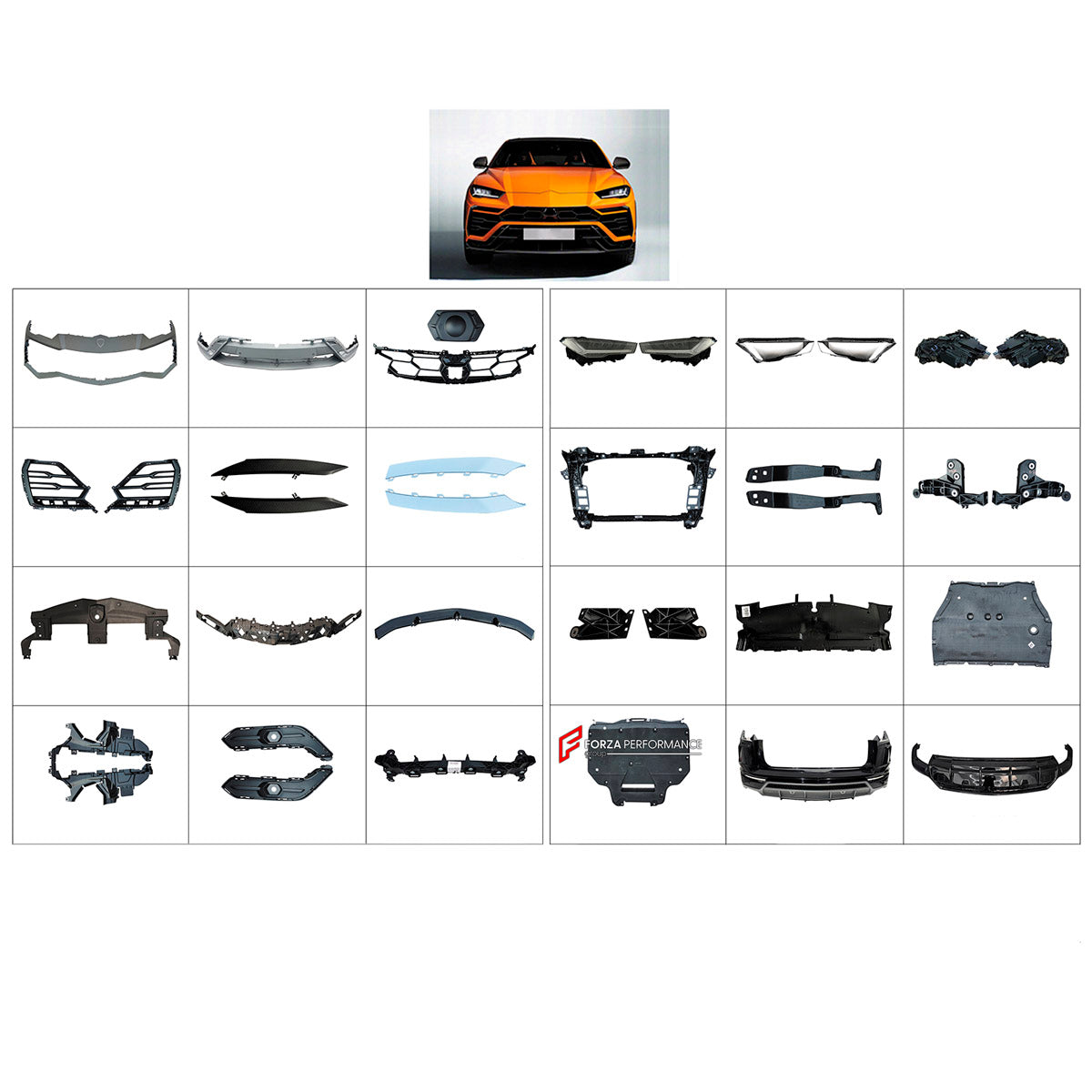 DRY CARBON BODY KIT for Lamborghini Urus
Set includes:

Front Lip
Front Bumper Assembly
Front Grille
Engine Cover
Rear Bumper Assembly
Material: Dry Carbon

NOTE: Professional installation is required.