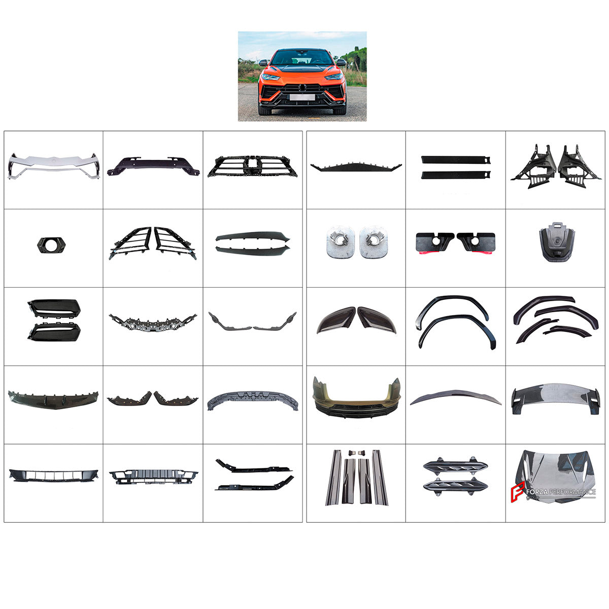 DRY CARBON BODY KIT for Lamborghini Urus P
Set includes:

Front Lip
Front Bumper Assembly
Front Bumper Vents
Front Grille
Hood Bonnet
Front Fender Flares
Side Mirror Covers
Side Skirts
Rear Fender Flares
Roof Spoiler
Ducktail Spoiler
Rear Bumper Assembly
Material: Dry Carbon

NOTE: Professional installation is required.