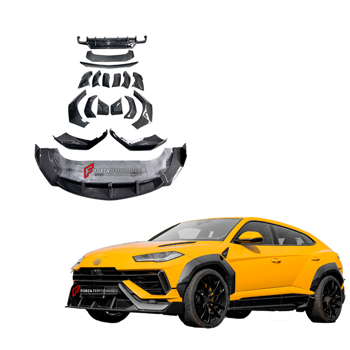 DRY CARBON BODY KIT for Lamborghini Urus S 2023+
Set includes:

Front Lip
Front Bumper Fins
Front Fenders
Front Fender Vents
Rear Fenders
Roof Spoiler
Ducktail Spoiler
Rear Diffuser
Material: Dry Carbon

NOTE: Professional installation is required.