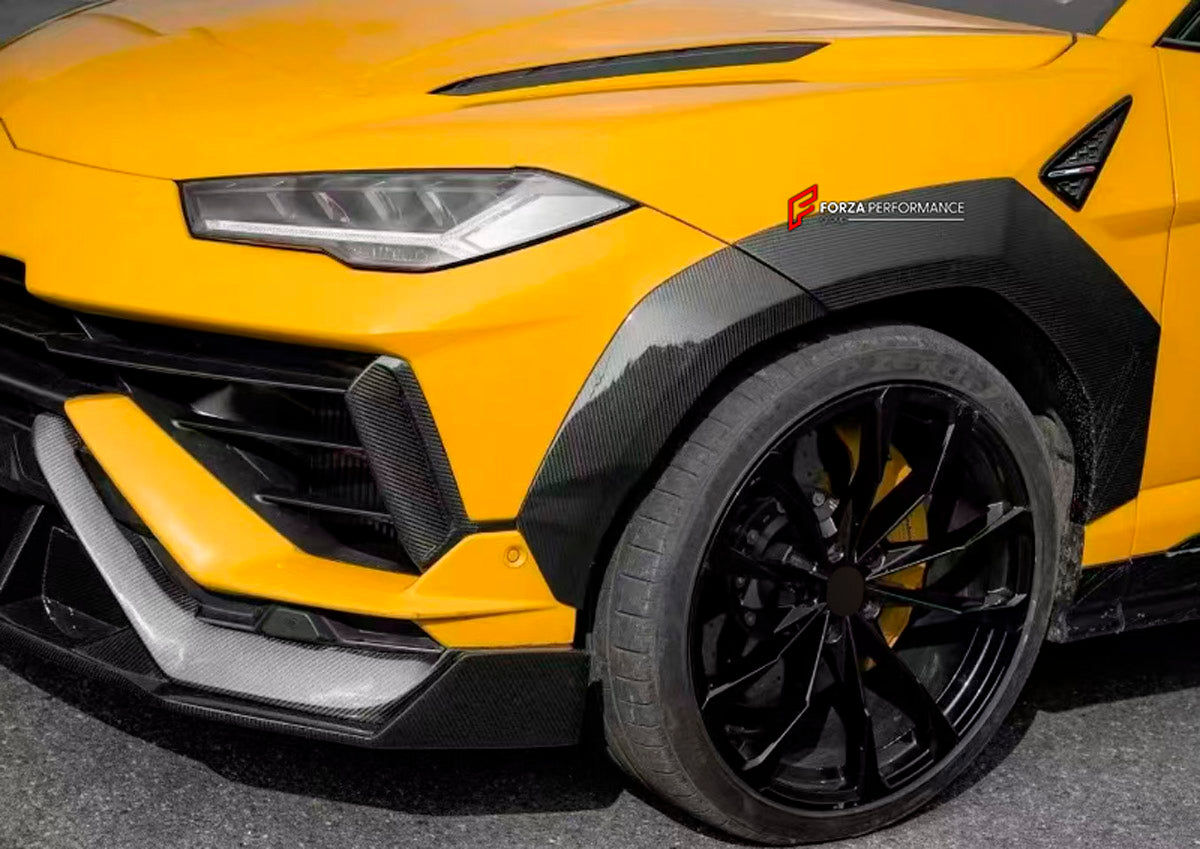 DRY CARBON BODY KIT for Lamborghini Urus S 2023+
Set includes:

Front Lip
Front Bumper Fins
Front Fenders
Front Fender Vents
Rear Fenders
Roof Spoiler
Ducktail Spoiler
Rear Diffuser
Material: Dry Carbon

NOTE: Professional installation is required.