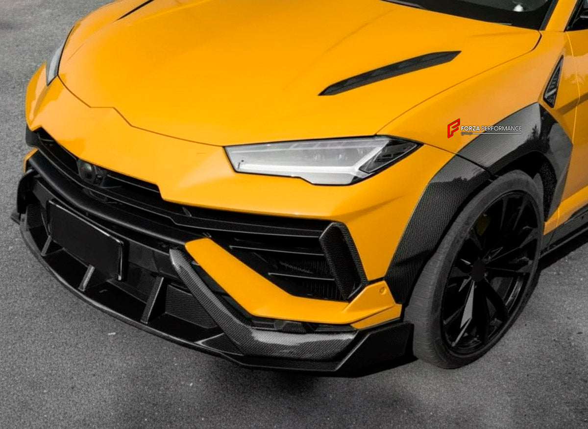 DRY CARBON BODY KIT for Lamborghini Urus S 2023+
Set includes:

Front Lip
Front Bumper Fins
Front Fenders
Front Fender Vents
Rear Fenders
Roof Spoiler
Ducktail Spoiler
Rear Diffuser
Material: Dry Carbon

NOTE: Professional installation is required.
