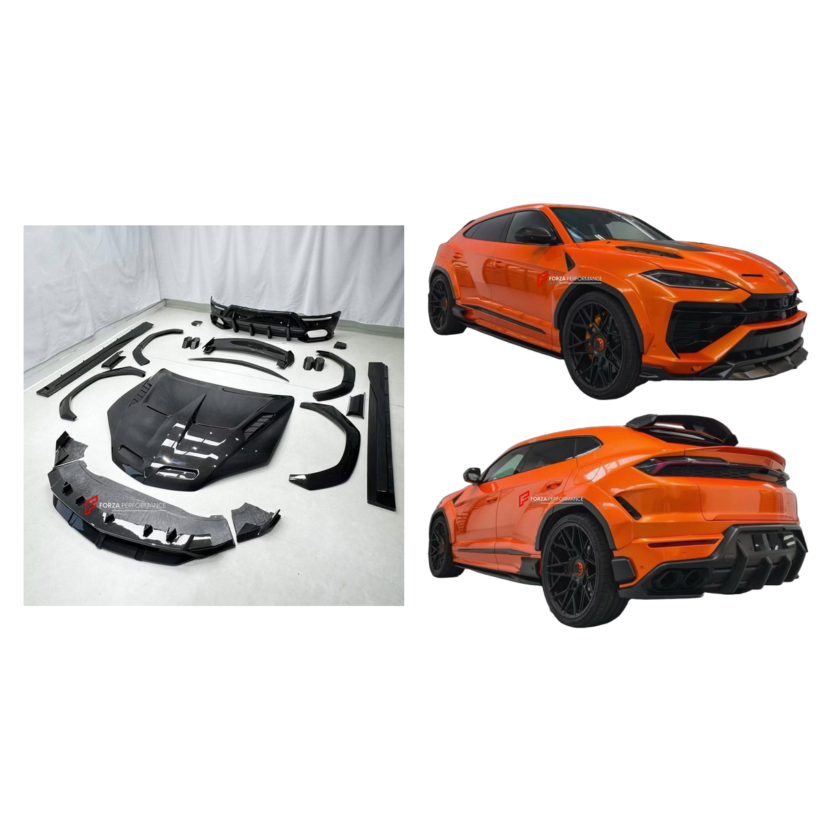 DRY CARBON BODY KIT for LAMBORGHINI URUS SE 2024+ FORZA PERFORMANCE custom fit U Style

Set includes:
Front Lip
Hood Bonnet
Fender Flares
Side Skirts
Roof Spoiler
Ducktail Spoiler
Rear Diffuser

Material: Dry Carbon

NOTE: Professional installation is required.