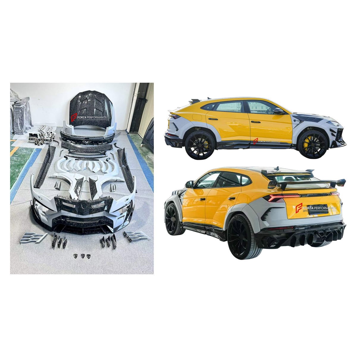 DRY CARBON BODY KIT for LAMBORGHINI URUS SE 2024+ FORZA PERFORMANCE custom fit Mansory Style

Set includes:
Front Lip
Front Bumper Assembly
Hood Bonnet
Front Fenders
Fender Flares
Side Skirts
Roof Spoiler
Ducktail Spoiler
Rear Bumper
Rear Diffuser
Exhaust System

Material: Dry Carbon

NOTE: Professional installation is required.