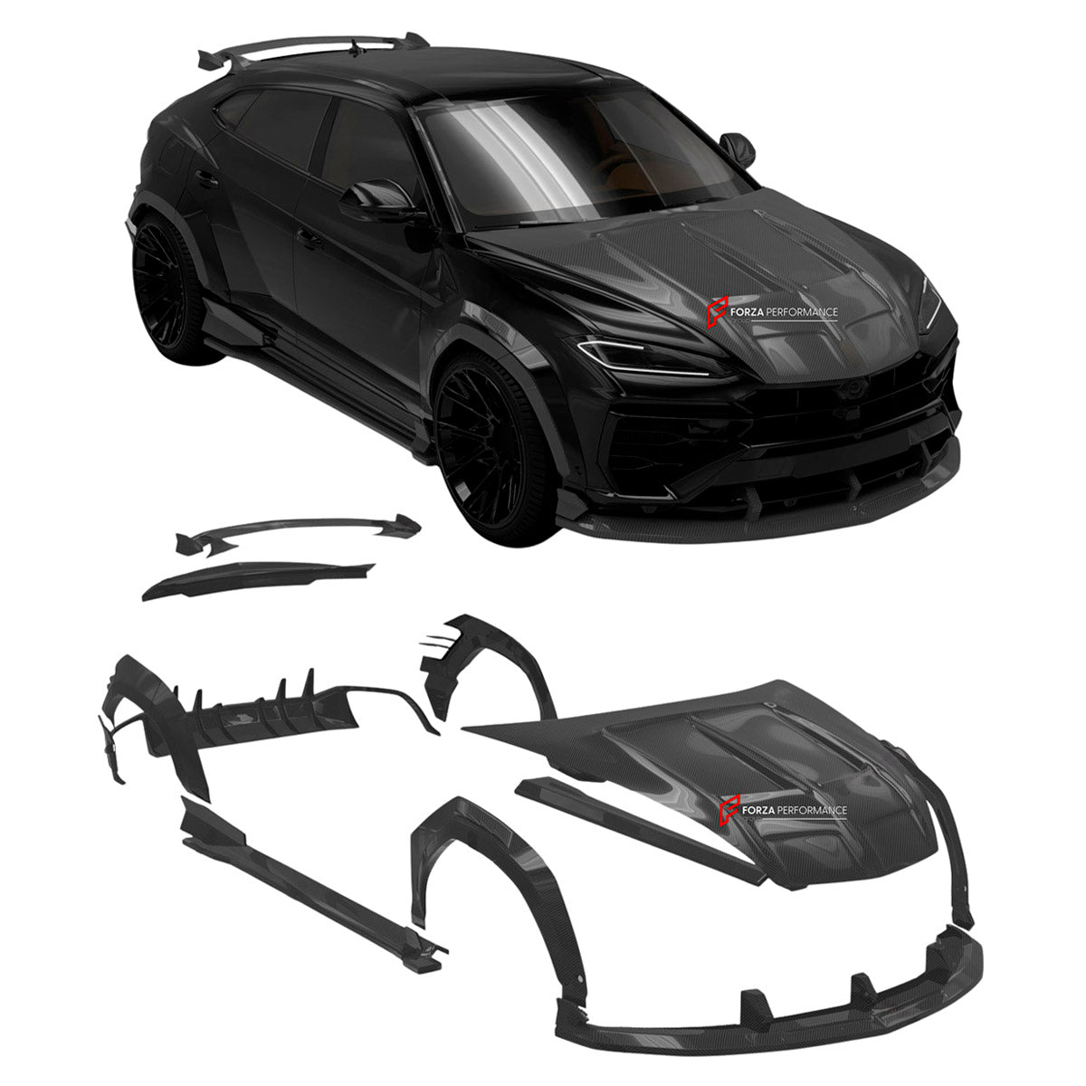 DRY CARBON BODY KIT for Lamborghini Urus SE 2024+
Set includes:

Front Lip
Hood Bonnet
Front Fenders
Front Fender Vents
Side Skirts
Rear Fenders
Roof Spoiler
Ducktail Spoiler
Rear Bumper Fins
Rear Diffuser
Material: Dry Carbon

NOTE: Professional installation is required.