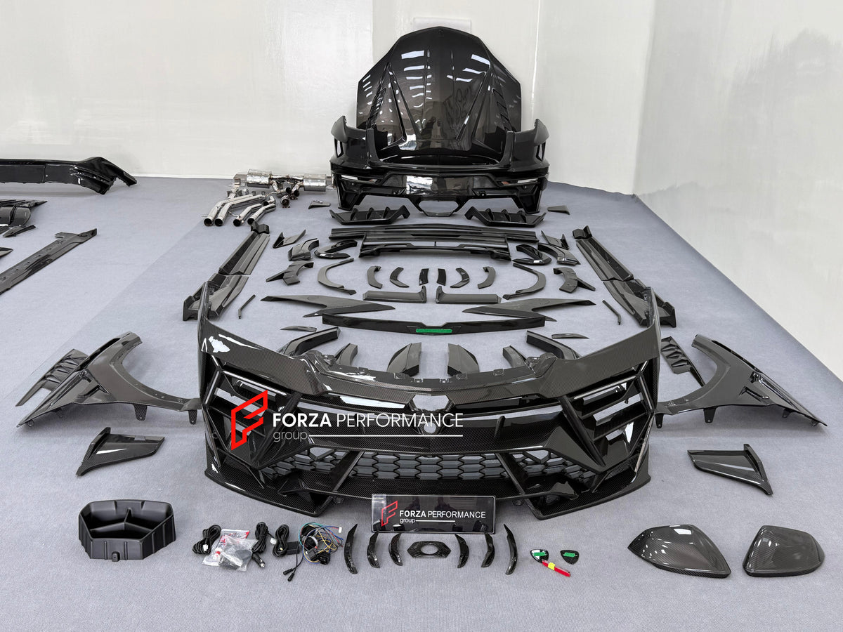DRY CARBON BODY KIT with EXHAUST SYSTEM for LAMBORGHINI URUS SE 2024+ FORZA PERFORMANCE custom fit VENATUS SE buy
Set includes:

Front Bumper Assembly
Hood Bonnet
Hood Bonnet Trims
Front Fenders
Front Fender Flares
Front Fender Vents
Side Mirror Covers
Side Skirts
Rear Fenders
Rear Fender Flares
Roof Spoiler
Trunk Lid Wing Spoiler
Rear Diffuser
Exhaust System
Material: Dry Carbon

NOTE: Professional installation is required.