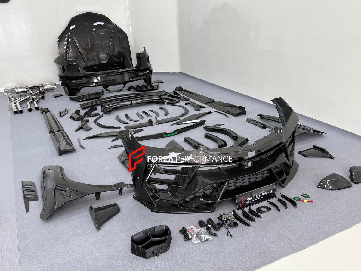 DRY CARBON BODY KIT with EXHAUST SYSTEM for LAMBORGHINI URUS SE 2024+ FORZA PERFORMANCE custom fit VENATUS SE buy
Set includes:

Front Bumper Assembly
Hood Bonnet
Hood Bonnet Trims
Front Fenders
Front Fender Flares
Front Fender Vents
Side Mirror Covers
Side Skirts
Rear Fenders
Rear Fender Flares
Roof Spoiler
Trunk Lid Wing Spoiler
Rear Diffuser
Exhaust System
Material: Dry Carbon

NOTE: Professional installation is required.