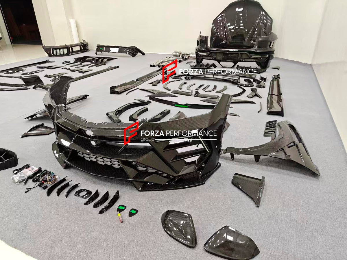DRY CARBON BODY KIT with EXHAUST SYSTEM for LAMBORGHINI URUS SE 2024+ FORZA PERFORMANCE custom fit VENATUS SE buy
Set includes:

Front Bumper Assembly
Hood Bonnet
Hood Bonnet Trims
Front Fenders
Front Fender Flares
Front Fender Vents
Side Mirror Covers
Side Skirts
Rear Fenders
Rear Fender Flares
Roof Spoiler
Trunk Lid Wing Spoiler
Rear Diffuser
Exhaust System
Material: Dry Carbon

NOTE: Professional installation is required.