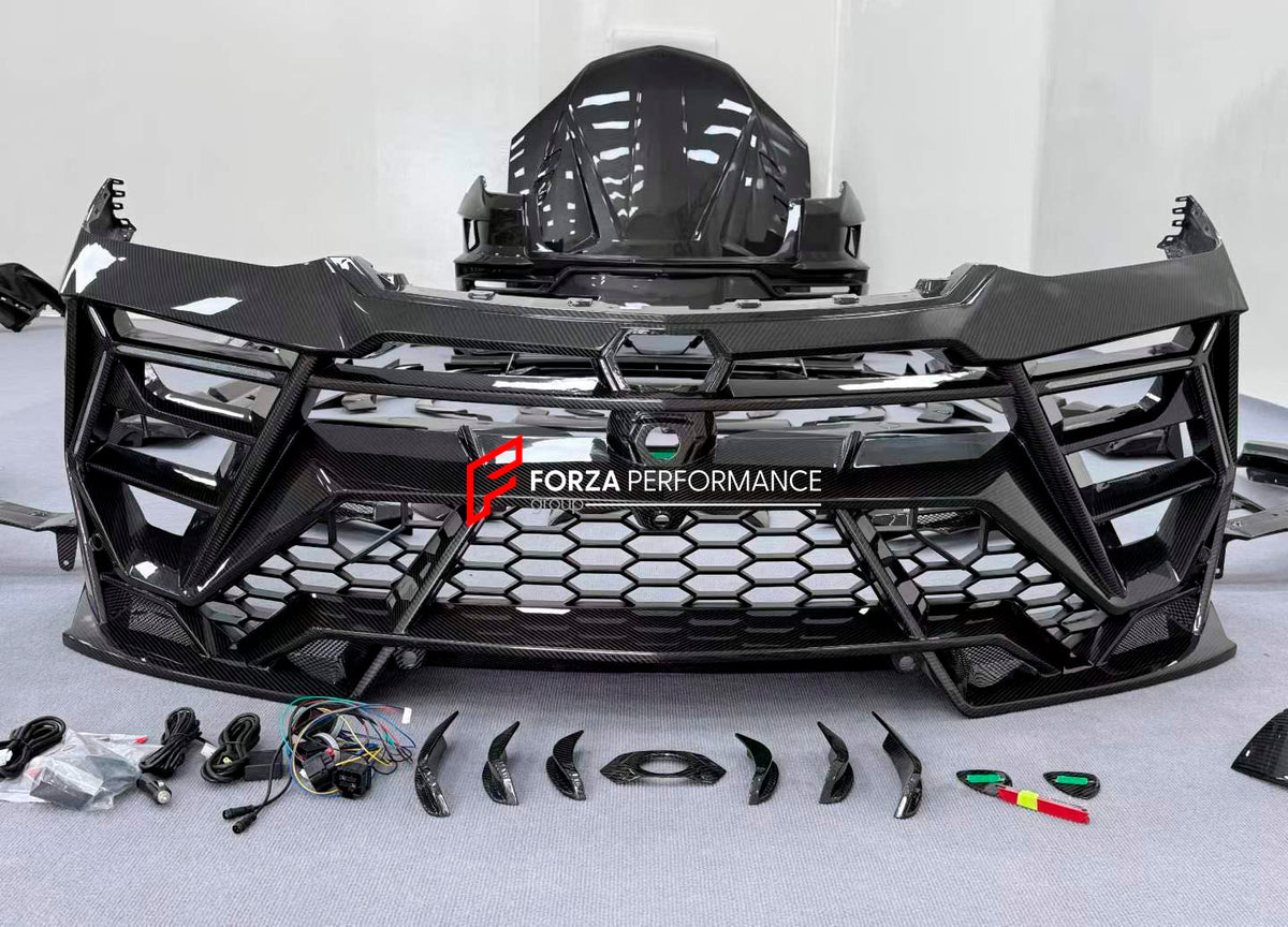 DRY CARBON BODY KIT with EXHAUST SYSTEM for LAMBORGHINI URUS SE 2024+ FORZA PERFORMANCE custom fit VENATUS SE buy
Set includes:

Front Bumper Assembly
Hood Bonnet
Hood Bonnet Trims
Front Fenders
Front Fender Flares
Front Fender Vents
Side Mirror Covers
Side Skirts
Rear Fenders
Rear Fender Flares
Roof Spoiler
Trunk Lid Wing Spoiler
Rear Diffuser
Exhaust System
Material: Dry Carbon

NOTE: Professional installation is required.