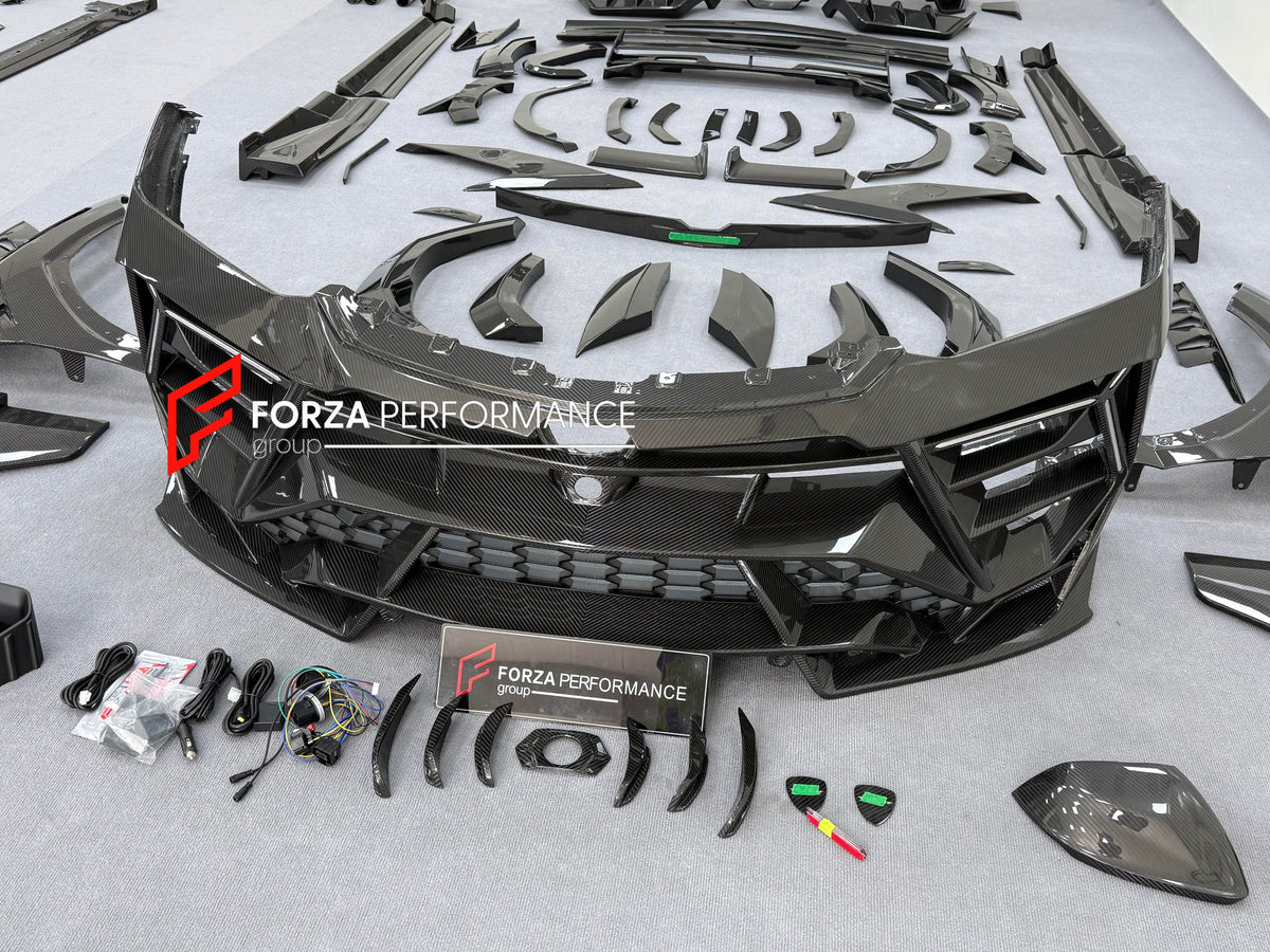 DRY CARBON BODY KIT with EXHAUST SYSTEM for LAMBORGHINI URUS SE 2024+ FORZA PERFORMANCE custom fit VENATUS SE buy
Set includes:

Front Bumper Assembly
Hood Bonnet
Hood Bonnet Trims
Front Fenders
Front Fender Flares
Front Fender Vents
Side Mirror Covers
Side Skirts
Rear Fenders
Rear Fender Flares
Roof Spoiler
Trunk Lid Wing Spoiler
Rear Diffuser
Exhaust System
Material: Dry Carbon

NOTE: Professional installation is required.