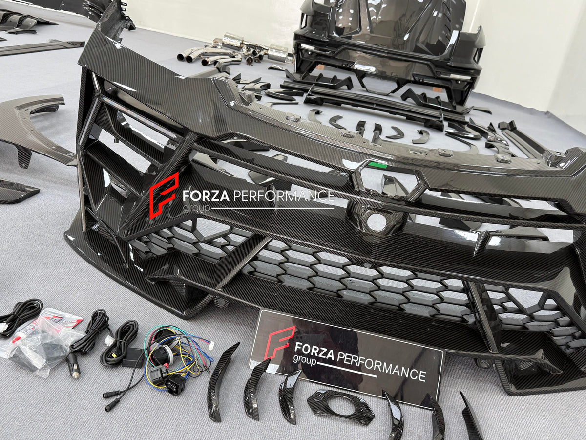 DRY CARBON BODY KIT with EXHAUST SYSTEM for LAMBORGHINI URUS SE 2024+ FORZA PERFORMANCE custom fit VENATUS SE buy
Set includes:

Front Bumper Assembly
Hood Bonnet
Hood Bonnet Trims
Front Fenders
Front Fender Flares
Front Fender Vents
Side Mirror Covers
Side Skirts
Rear Fenders
Rear Fender Flares
Roof Spoiler
Trunk Lid Wing Spoiler
Rear Diffuser
Exhaust System
Material: Dry Carbon

NOTE: Professional installation is required.