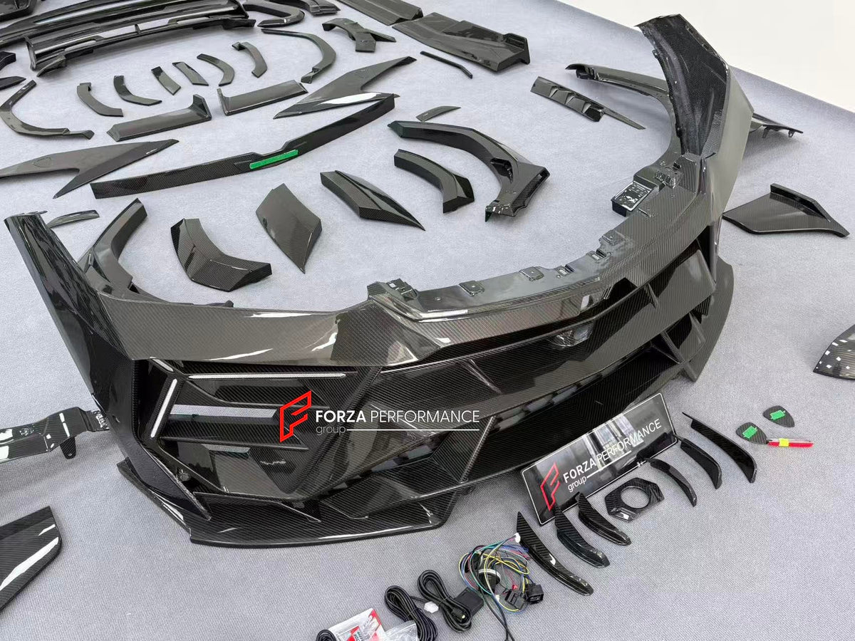 DRY CARBON BODY KIT with EXHAUST SYSTEM for LAMBORGHINI URUS SE 2024+ FORZA PERFORMANCE custom fit VENATUS SE buy
Set includes:

Front Bumper Assembly
Hood Bonnet
Hood Bonnet Trims
Front Fenders
Front Fender Flares
Front Fender Vents
Side Mirror Covers
Side Skirts
Rear Fenders
Rear Fender Flares
Roof Spoiler
Trunk Lid Wing Spoiler
Rear Diffuser
Exhaust System
Material: Dry Carbon

NOTE: Professional installation is required.