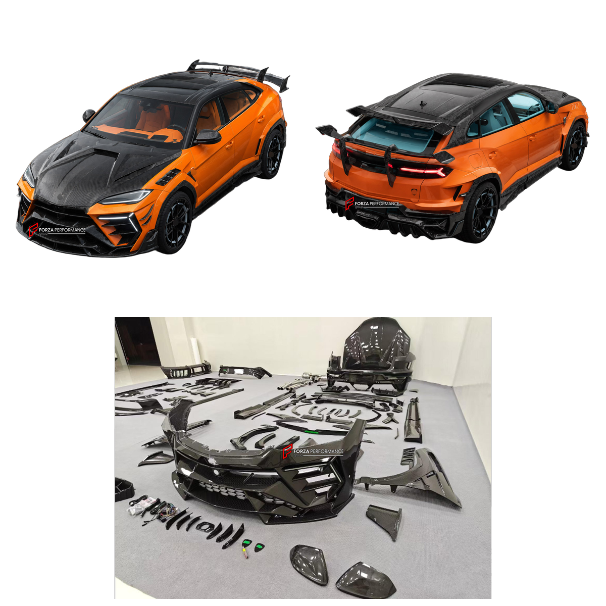 DRY CARBON BODY KIT with EXHAUST SYSTEM for LAMBORGHINI URUS SE 2024+ FORZA PERFORMANCE custom fit VENATUS SE buy
Set includes:

Front Bumper Assembly
Hood Bonnet
Hood Bonnet Trims
Front Fenders
Front Fender Flares
Front Fender Vents
Side Mirror Covers
Side Skirts
Rear Fenders
Rear Fender Flares
Roof Spoiler
Trunk Lid Wing Spoiler
Rear Diffuser
Exhaust System
Material: Dry Carbon

NOTE: Professional installation is required.