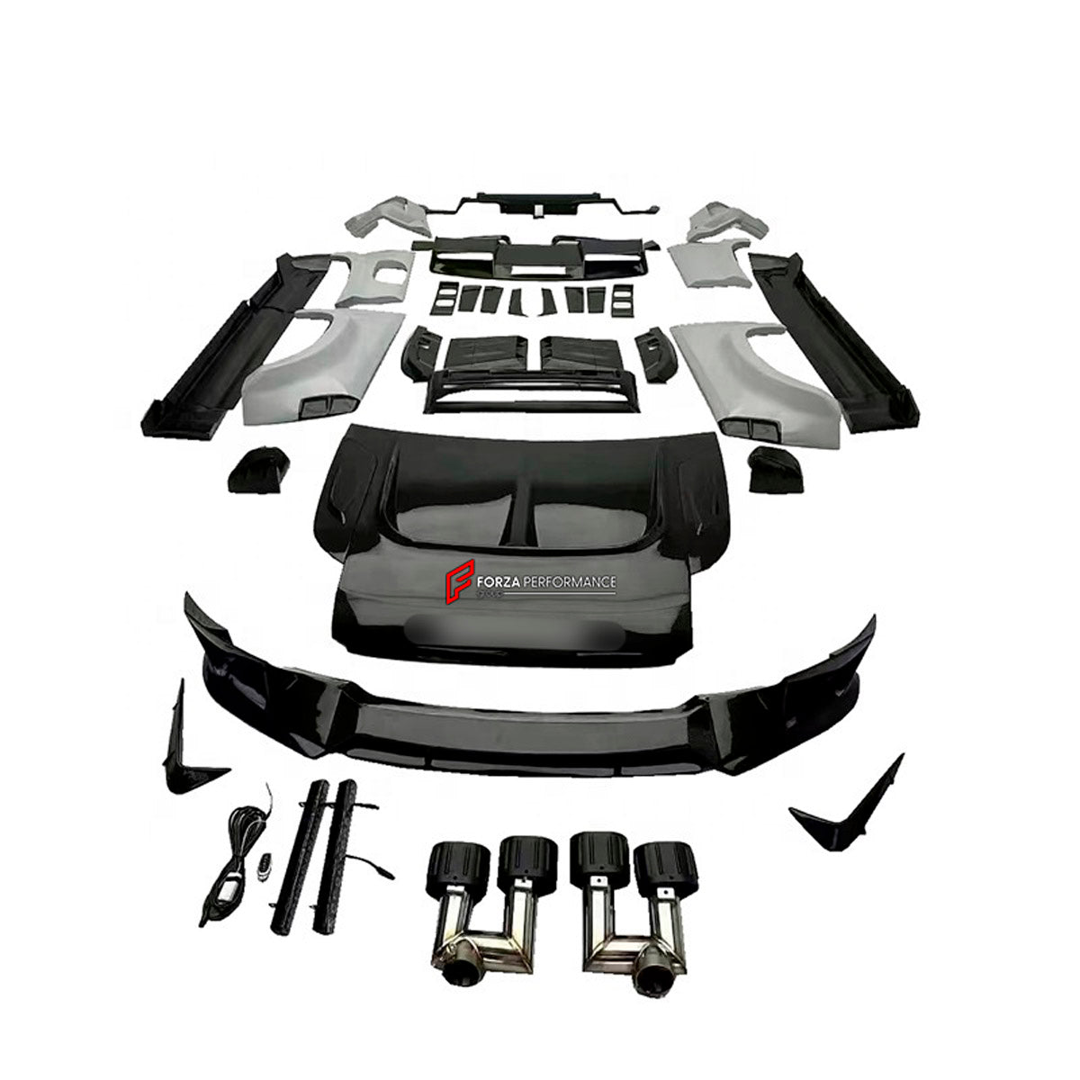 DRY CARBON BODY KIT for LAND ROVER DEFENDER L663 110 2020+

Set includes:

Front Lip
Front Bumper
Front Canards
Front Grille
Headlight Covers
Hood
Roof LED DRL Bar
Fender Flares
Side Mirror Covers
Door Panels
Side Skirts
Roof Spoiler
Tail Lights Covers
Rear Bumper
Rear Diffuser
Exhaust Tips
Spare Tire Cover
Material: Dry Carbon

Note: Professional installation is required.