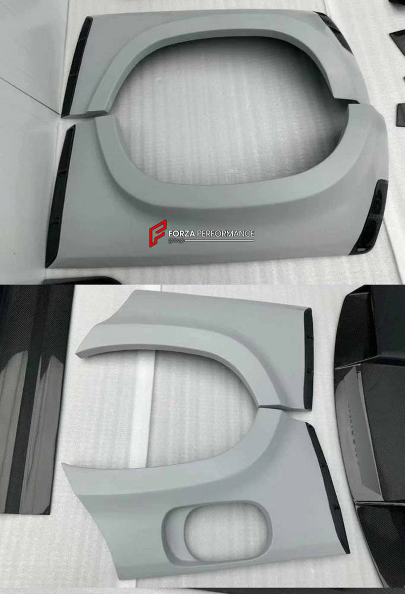 DRY CARBON BODY KIT for LAND ROVER DEFENDER L663 110 2020+

Set includes:

Front Lip
Front Bumper
Front Canards
Front Grille
Headlight Covers
Hood
Roof LED DRL Bar
Fender Flares
Side Mirror Covers
Door Panels
Side Skirts
Roof Spoiler
Tail Lights Covers
Rear Bumper
Rear Diffuser
Exhaust Tips
Spare Tire Cover
Material: Dry Carbon

Note: Professional installation is required.