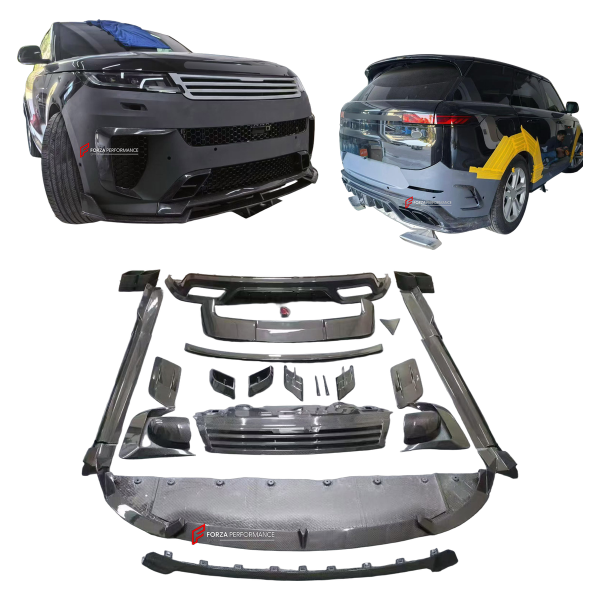 DRY CARBON BODY KIT for LAND ROVER RANGE ROVER SPORT L461 2022+ FORZA PERFORMANCE custom fit Mansory Style

Set includes:
Front Bumper Air Vent Covers
Front Grille
Front Grille Mesh Cover Trims
Hood Bonnet Air Vents
Side Mirror Covers
Side Skirts
Roof Spoiler
Ducktail Spoiler
Rear Bumper
Rear Bumper Fins
Rear Diffuser
Exhaust Tips

Material: Dry Carbon

NOTE: Professional installation is required.