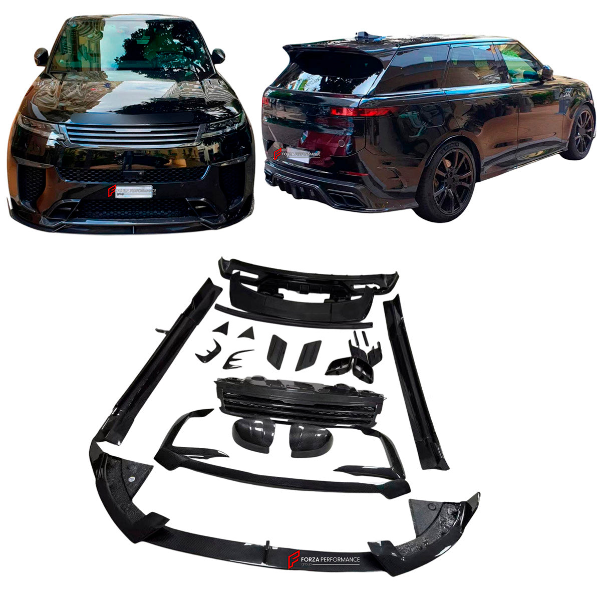 DRY CARBON BODY KIT for LAND ROVER RANGE ROVER SPORT SV L461 2022+ FORZA PERFORMANCE Mansory
Set includes:

Front Lip
Front Bumper Vents
Front Grille
Hood Bonnet Air Intakes
Side Mirror Covers
Side Skirts
Roof Spoiler
Ducktail Spoiler
Rear Diffuser
Rear Bumper Vents
Material: Dry Carbon

NOTE: Professional installation is required.