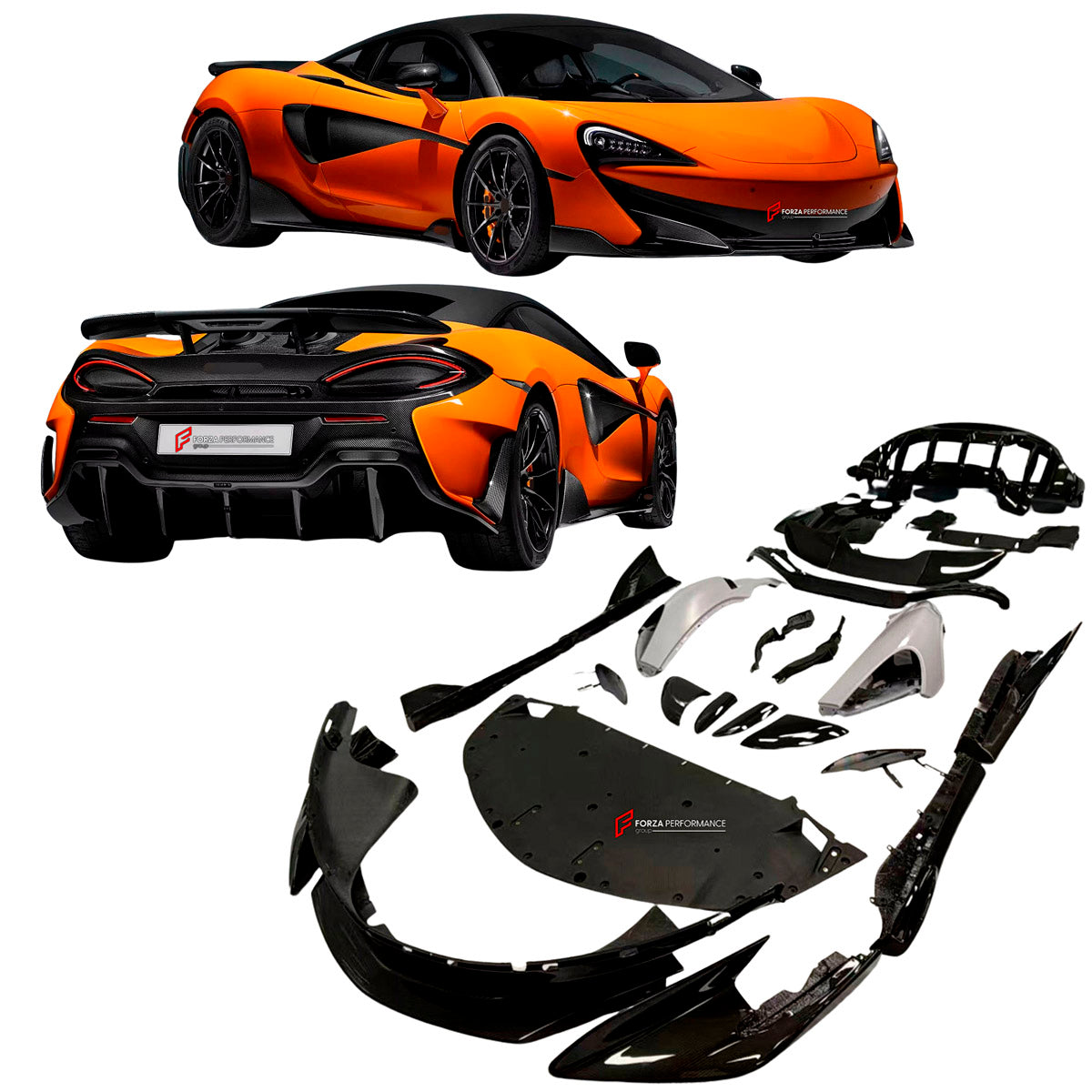 DRY CARBON BODY KIT for McLaren 600LT 2018+
Set includes:

Front Lip
Front Bumper
Side Skirts
Engine Cover Lid
Rear Spoiler Wing
Rear Diffuser
Rear Bumper
Material: Dry Carbon

NOTE: Professional installation is required.