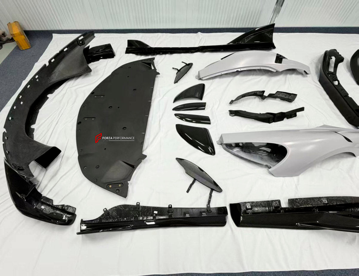 DRY CARBON BODY KIT for McLaren 600LT 2018+
Set includes:

Front Lip
Front Bumper
Side Skirts
Engine Cover Lid
Rear Spoiler Wing
Rear Diffuser
Rear Bumper
Material: Dry Carbon

NOTE: Professional installation is required.