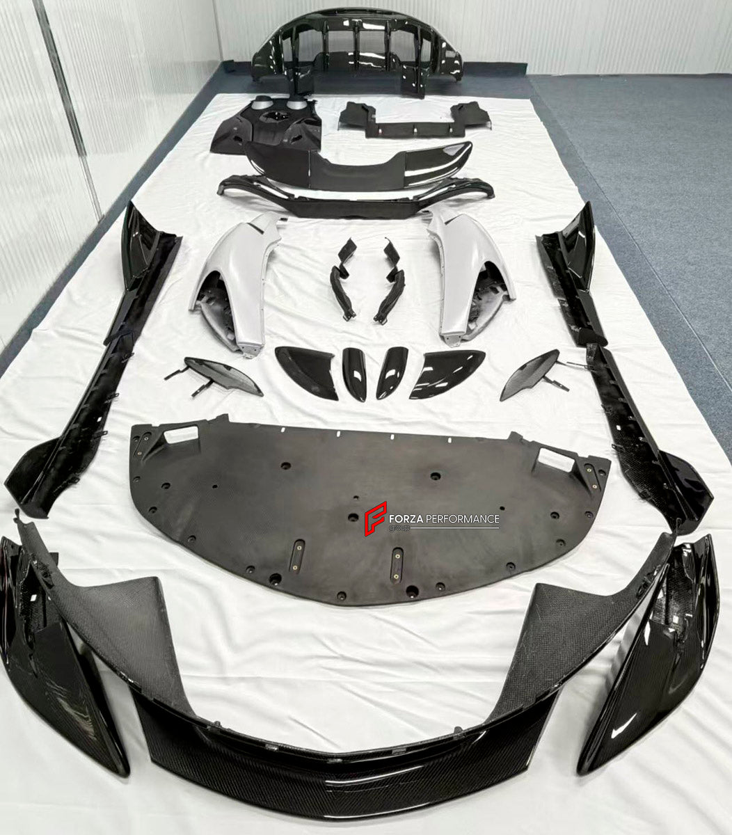 DRY CARBON BODY KIT for McLaren 600LT 2018+
Set includes:

Front Lip
Front Bumper
Side Skirts
Engine Cover Lid
Rear Spoiler Wing
Rear Diffuser
Rear Bumper
Material: Dry Carbon

NOTE: Professional installation is required.
