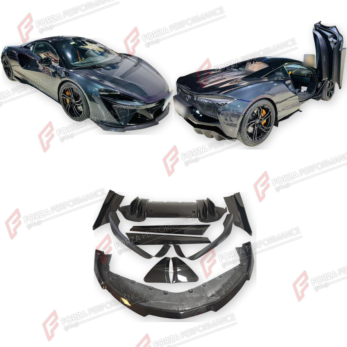 DRY CARBON BODY KIT for MCLAREN ARTURA 2021+ FORZA PERFORMANCE custom fit Novitec Style

Set includes:
Front Lip
Front Bumper Canards
Side Skirts
Side Air Intake Covers
Rear Spoiler Wing
Rear Diffuser

Material: Dry Carbon

NOTE: Professional installation is required.