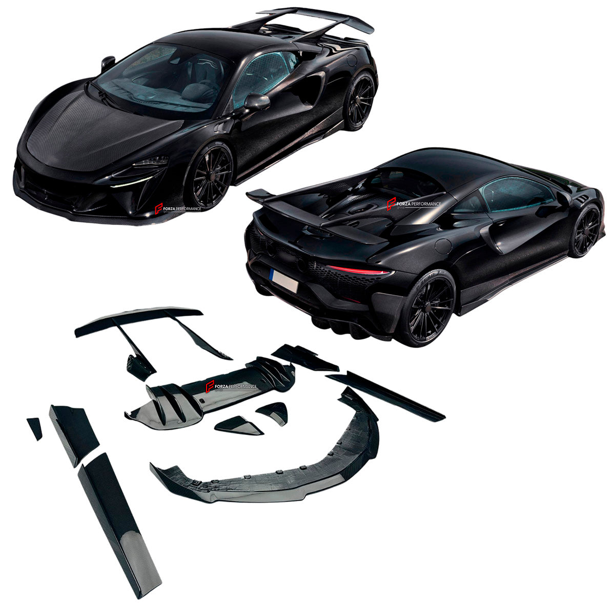DRY CARBON BODY KIT for MCLAREN ARTURA 2021+

Set includes:

Front Lip
Side Skirts
Side Air Vent Covers
Rear Side Splitters
Rear Spoiler Wing
Rear Diffuser
Material: Dry Carbon

Note: Professional installation is required