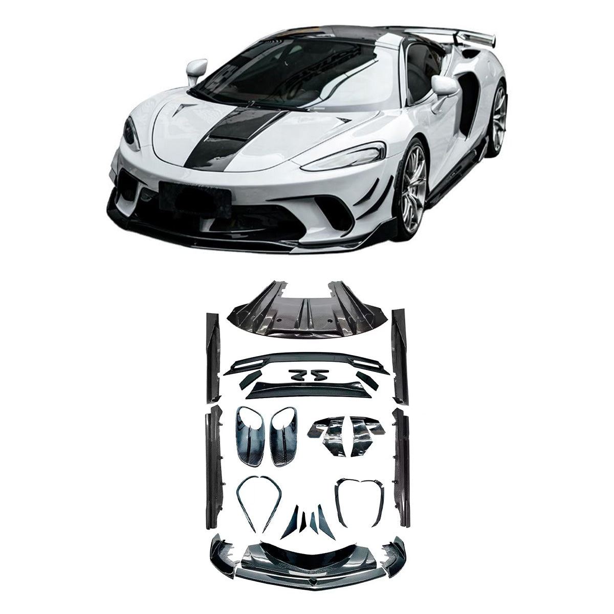 DRY CARBON BODY KIT for MCLAREN GT 2019 - 2023
Set Include:
Front Lip
Front Bumper Insert
Front Bumper Canards
Side Air Inlet Trims
Side Skirts
Rear Spoiler
Rear Diffuser
Material: Dry Carbon
CONTACT US FOR PRICING