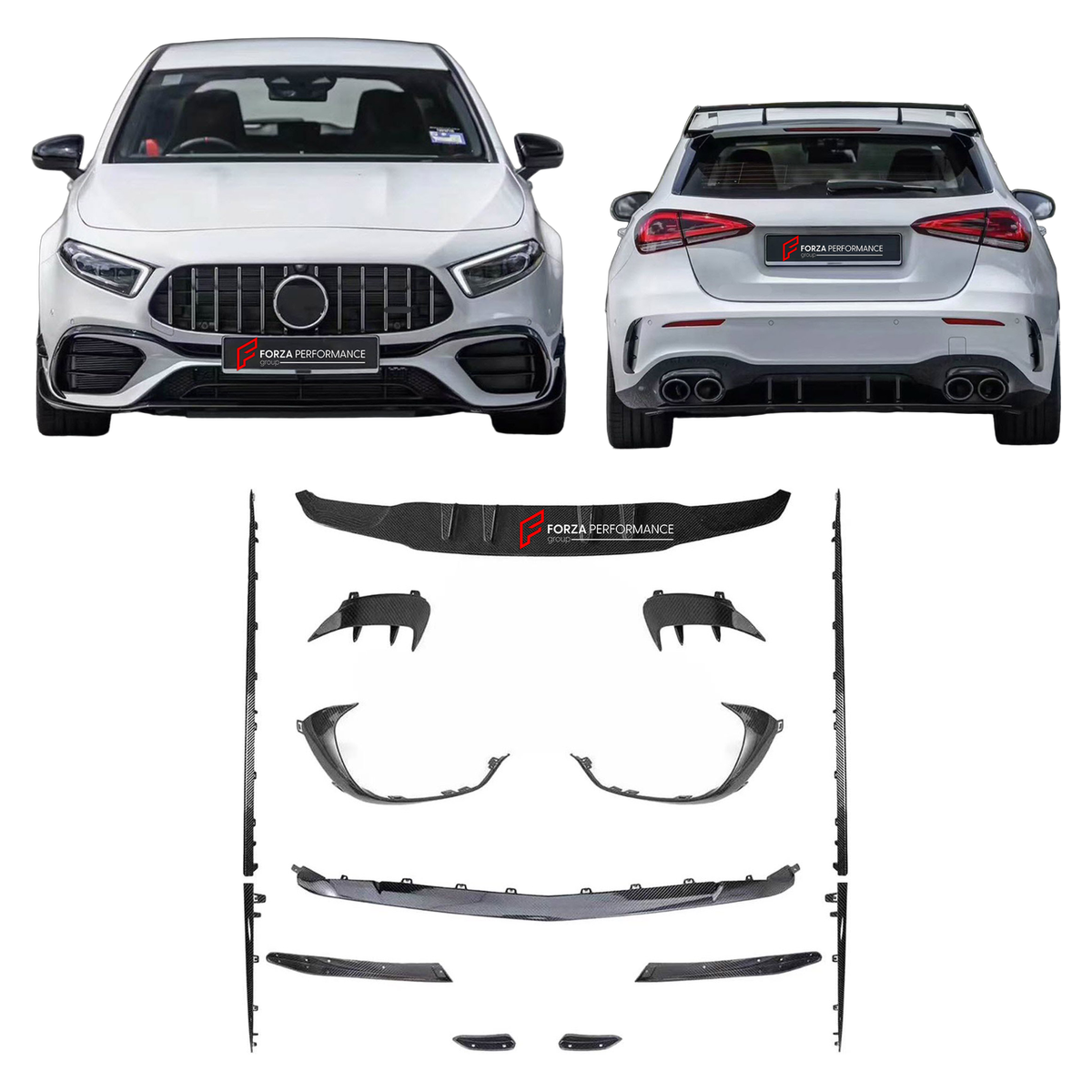 DRY CARBON BODY KIT for MERCEDES-BENZ A-CLASS AMG W177 A45 2018+

Set includes:
Front Lip
Front Bumper Canards
Side Skirts
Rear Diffuser

Material: Dry Carbon

NOTE: Professional installation is required.