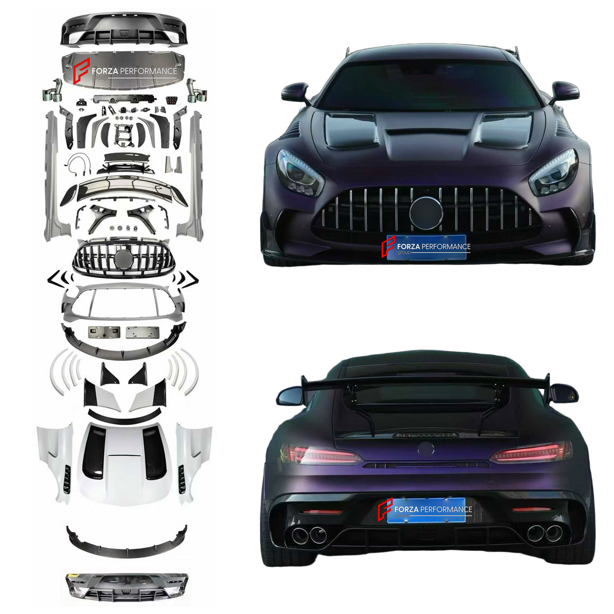DRY CARBON BODY KIT for MERCEDES-BENZ AMG GT GTS GTC GTR 2014 - 2022 FORZA PERFORMANCE custom fit Black Series

Set includes:
Front Lip
Front Bumper Assembly
Front Grille
License Plate
Hood Bonnet
Front Fenders
Fender Flares
Side Skirts
Rear Spoiler Wing
Rear Bumper Assembly
Rear Diffuser

Material: Dry Carbon, Plastic

NOTE: Professional installation is required.