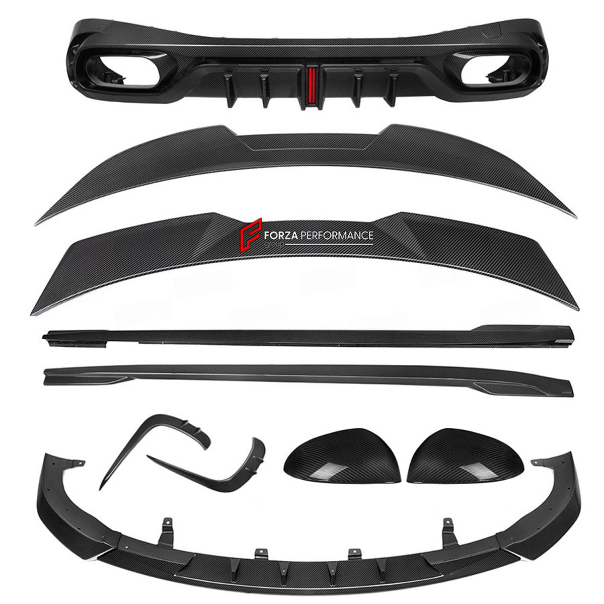 DRY CARBON BODY KIT for Mercedes Benz CLE53 AMG 2024+
Set includes:

Front Lip
Side Mirror Covers
Side Skirts
Roof Spoiler
Rear Diffuser
Material: Dry Carbon

NOTE: Professional installation is required.