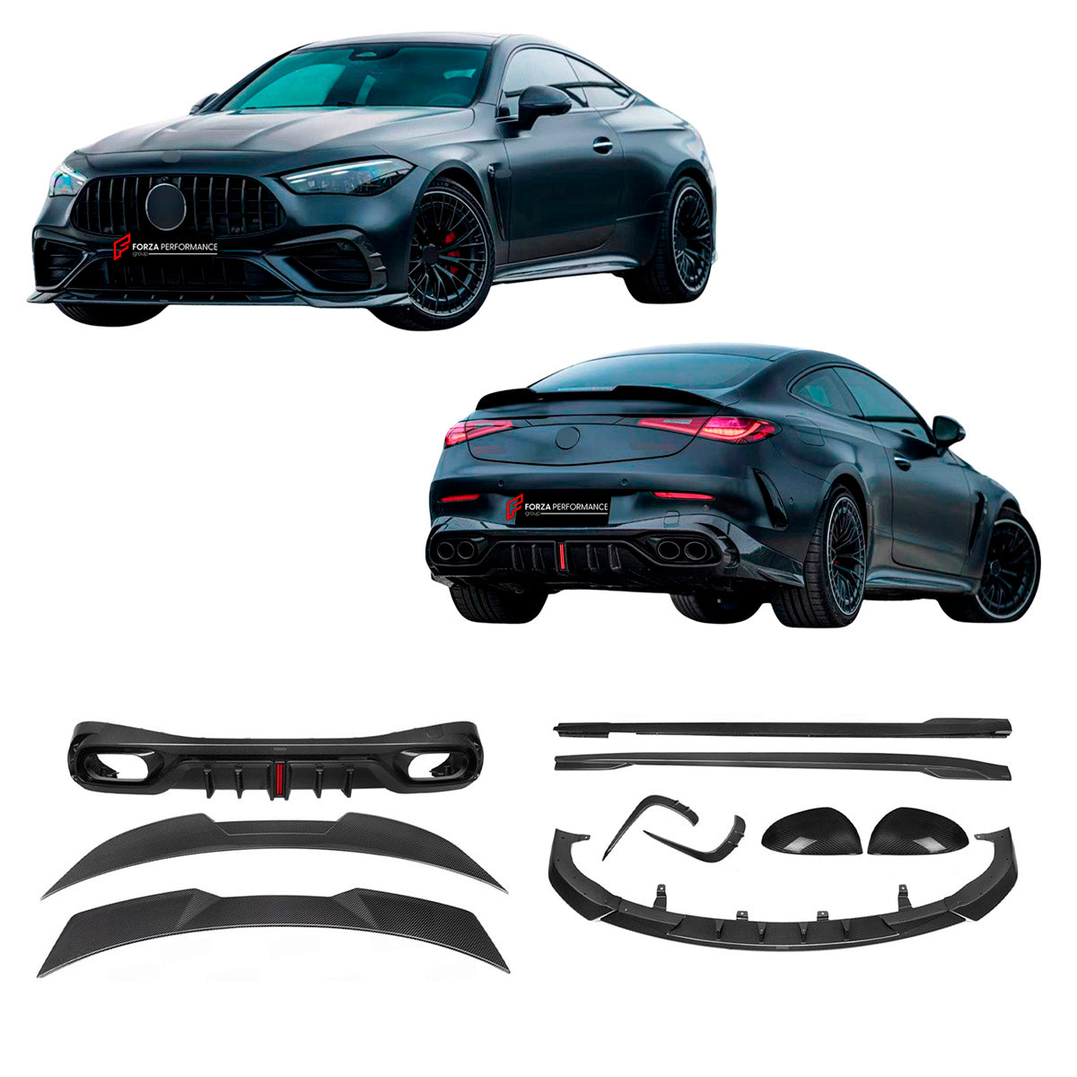 DRY CARBON BODY KIT for Mercedes Benz CLE53 AMG 2024+
Set includes:

Front Lip
Side Mirror Covers
Side Skirts
Roof Spoiler
Rear Diffuser
Material: Dry Carbon

NOTE: Professional installation is required.