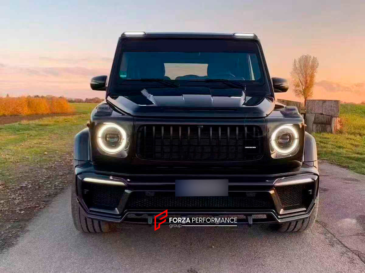 DRY CARBON BODY KIT FOR MERCEDES-BENZ G CLASS W464 W463A

Set includes:
Front Bumper Assembly
Front Bumper Trims
Hood
Side Fenders
Side Skirt
Spare Tire Cover
Rear Bumper

Material: Dry carbon fiber

NOTE: Professional installation is required