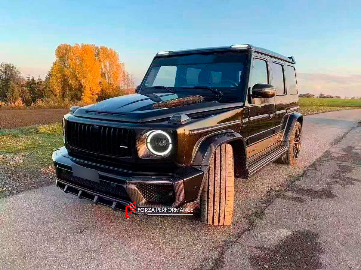DRY CARBON BODY KIT FOR MERCEDES-BENZ G CLASS W464 W463A

Set includes:
Front Bumper Assembly
Front Bumper Trims
Hood
Side Fenders
Side Skirt
Spare Tire Cover
Rear Bumper

Material: Dry carbon fiber

NOTE: Professional installation is required