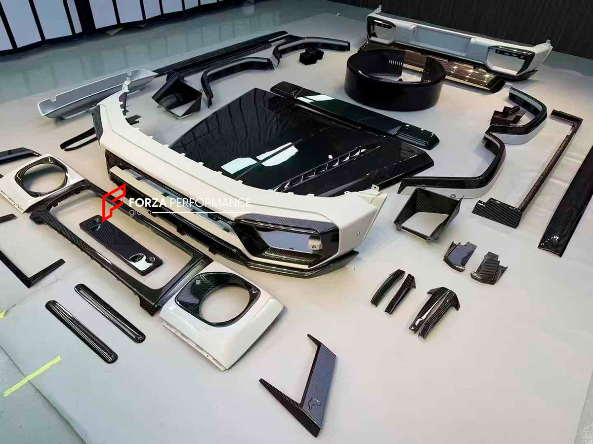 DRY CARBON BODY KIT FOR MERCEDES-BENZ G CLASS W464 W463A

Set includes:
Front Bumper Assembly
Front Bumper Trims
Hood
Side Fenders
Side Skirt
Spare Tire Cover
Rear Bumper

Material: Dry carbon fiber

NOTE: Professional installation is required