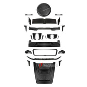DRY CARBON BODY KIT for MERCEDES-BENZ G-CLASS W464 W465 2018+ FORZA PERFORMANCE custom fit B800 Style

Set includes:
Front Lip
Front Bumper
Front Bumper Canards
Front Bumper Air Vent Covers
Front Grille Mesh Cover Trims
Hood Bonnet
Roof Light Bar
Fender Flares
Fenders
Side Mirror Covers
Roof Spoiler
Rear Bumper
Rear Bumper Fins
Rear Diffuser
Spare Wheel Tire Cover

Material: Dry Carbon, Plastic

NOTE: Professional installation is required.