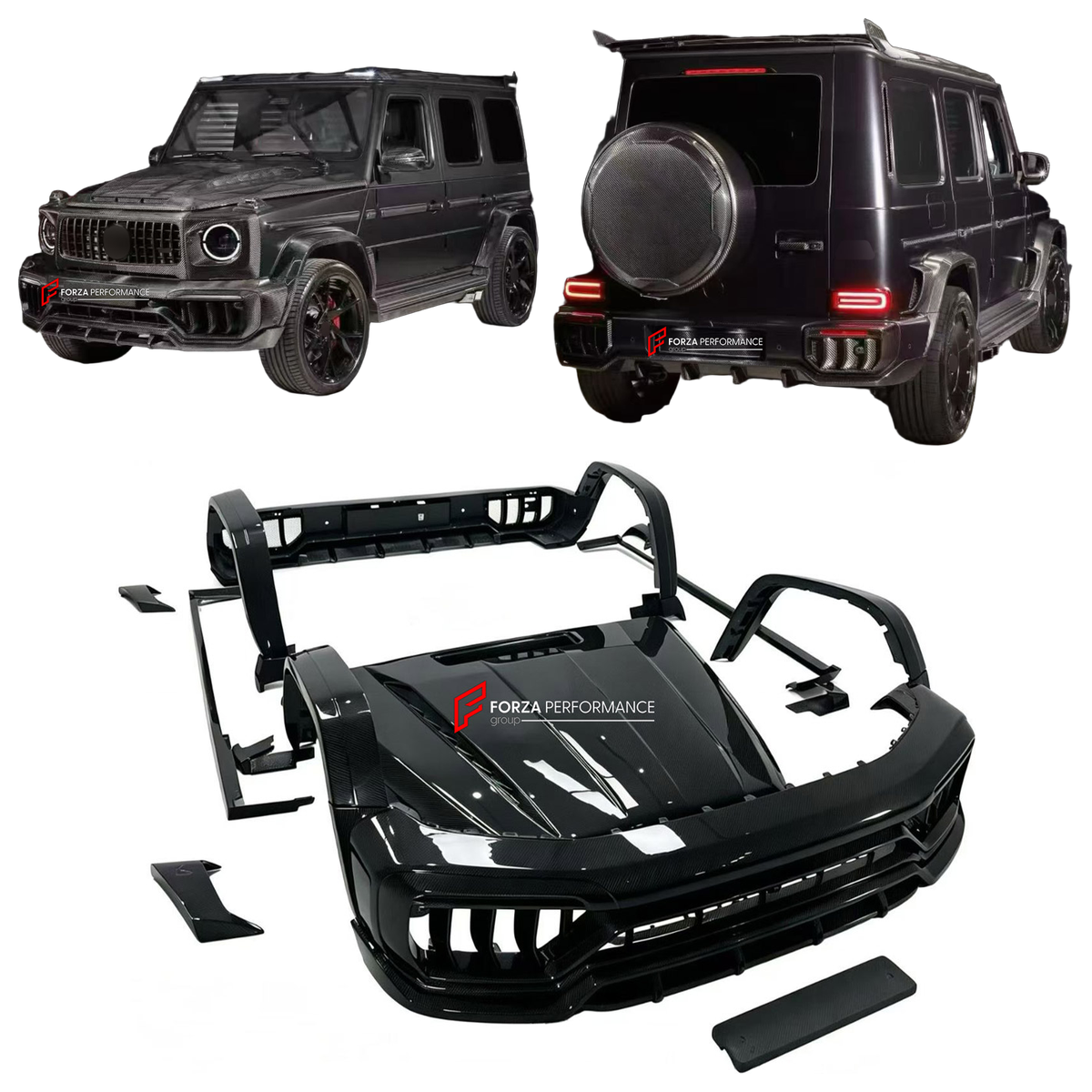 DRY CARBON BODY KIT for MERCEDES-BENZ G CLASS W464 W465 G63 G350 G500 2018+ FORZA PERFORMANCE custom fit Topcar Style

Set includes:
Front Bumper
Hood Bonnet
Front Fenders
Fender Flares
Side Steps
Rear Fenders
Rear Bumper
Rear Diffuser

Material: Dry Carbon

NOTE: Professional installation is required.