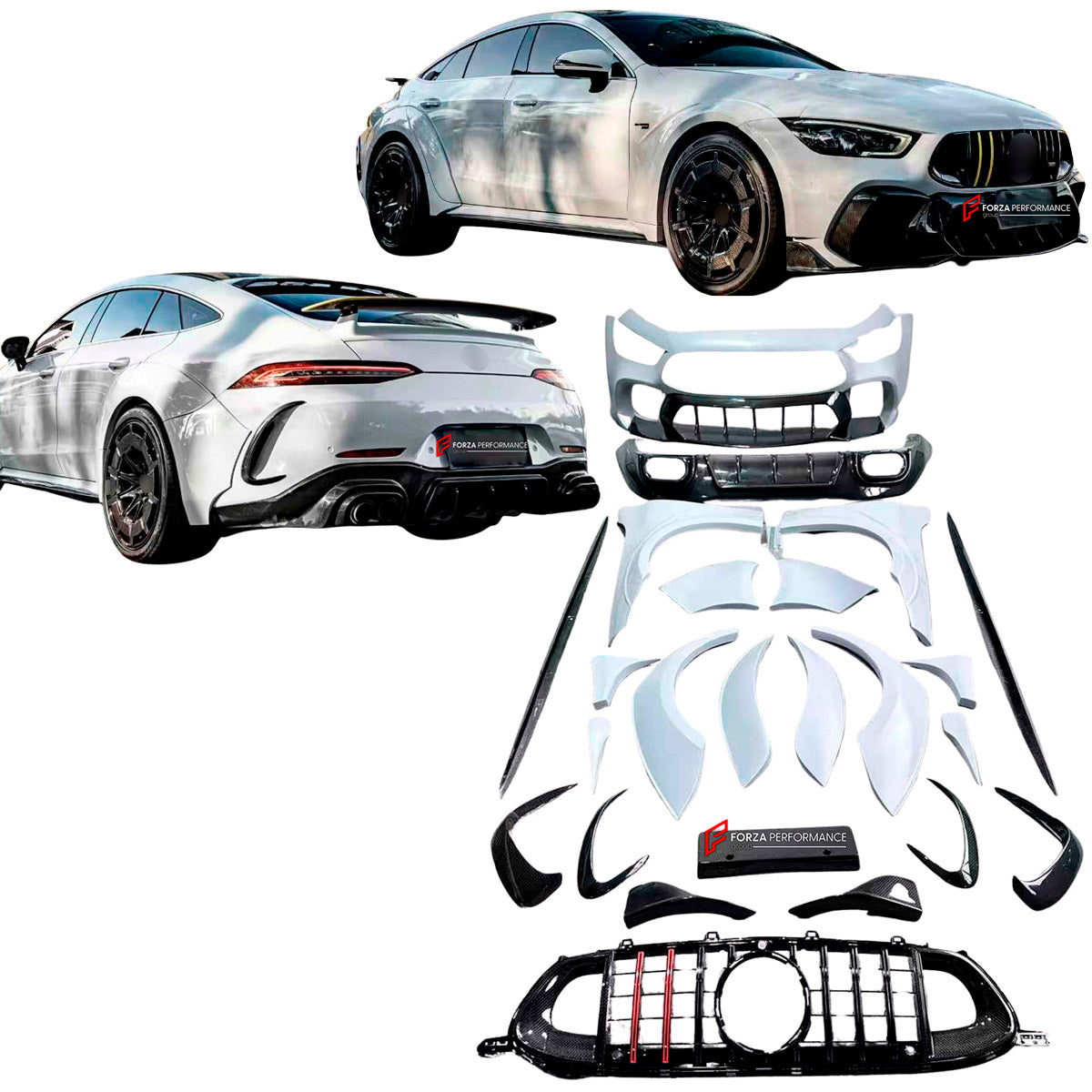 DRY CARBON BODY KIT for Mercedes Benz GT43 GT50 GT53 GT63 2018+
Set includes:

Front Bumper Assembly
Front Bumper Fins
License Plate
Front Splitters
Front Grille
Front Fenders
Side Skirts
Rear Fenders
Rear Diffuser
Rear Bumper Fins
Material: Dry Carbon

NOTE: Professional installation is required.